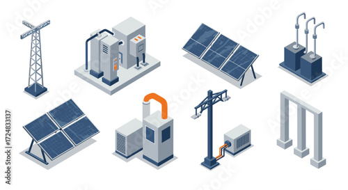 Isometric renewable energy elements collection for sustainable design projects