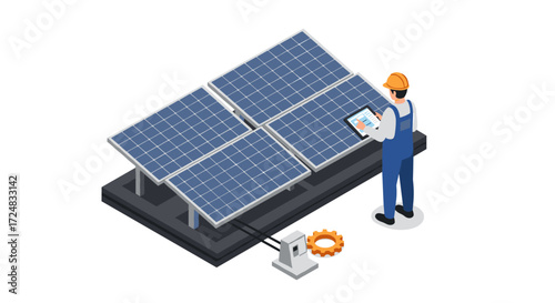 Isometric solar panel installation with engineer using tablet for monitoring