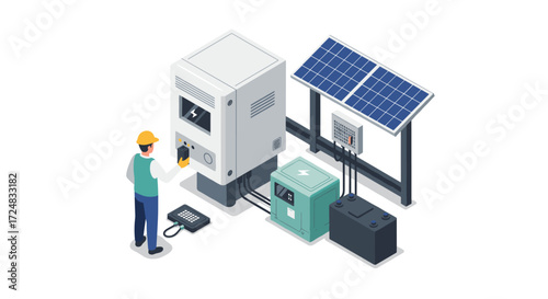 Technician operating solar power converter station in isometric design