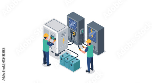 Technicians working on renewable energy station equipment with solar panels and batteries in isometric style