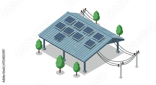 Isometric solar panel shed with trees and power lines