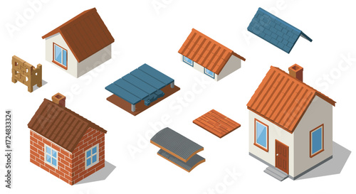 Isometric roof and house components set with brick and wooden designs