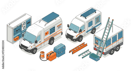 Isometric emergency response vehicles and equipment in detailed urban style