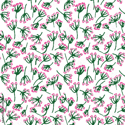 A floral repeat pattern featuring various green stems and bright pink flowers on a white background, creating a vibrant and cheerful design.