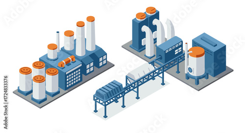 Industrial plant facilities isometric design with smokestacks and pipelines