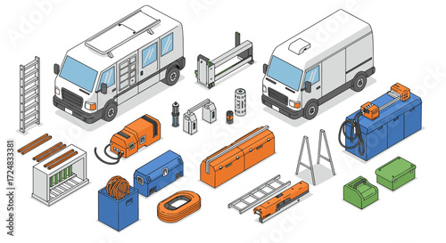 Isometric workshop equipment and utility vans set with tools and storage units