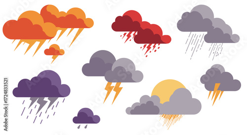Colorful thunderstorm and rain cloud collection with lightning and sun elements