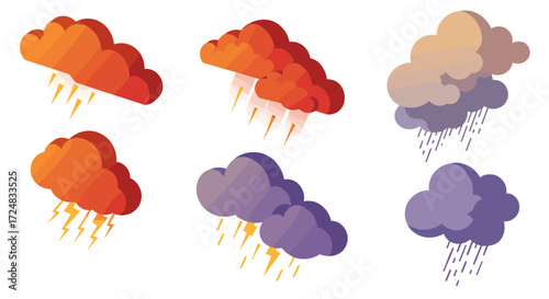 Colorful thunderstorm clouds with lightning and rain in gradient style