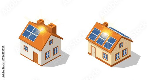 Isometric solar panel houses with bright sunlight on roofs
