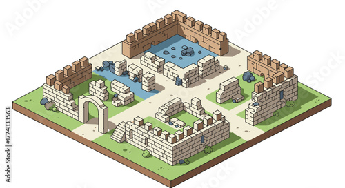 Ancient ruins in isometric view with stone walls and archway on grassy terrain