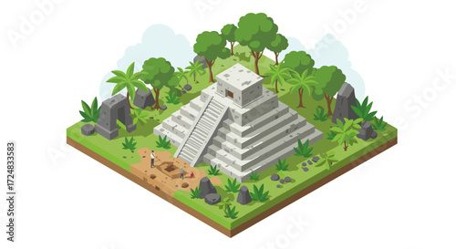 Isometric ancient pyramid with jungle landscape and archaeological dig site