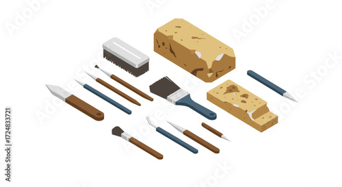 Isometric archaeology tools and clay bricks set for restoration and excavation projects