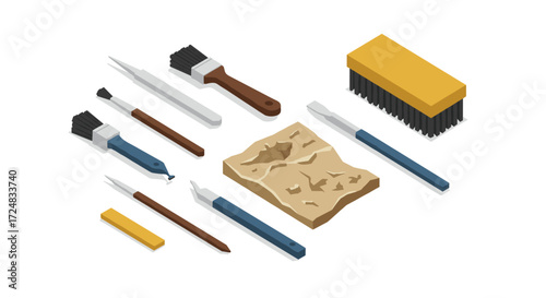 Isometric archaeology tools set for excavation and discovery projects