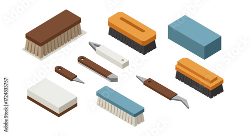 Isometric shoe care tools: brushes, erasers, and cleaning accessories