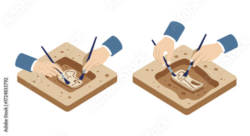 Isometric hands discovering ancient fossil in archaeological dig