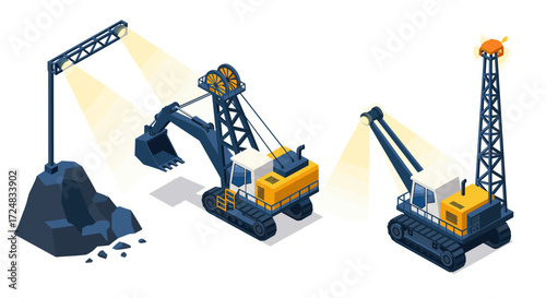 Construction equipment isometric art featuring excavators and cranes