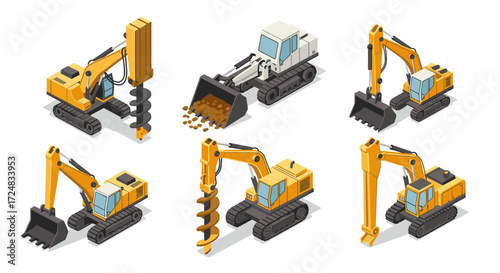 Isometric construction vehicles set with excavators and drilling machines
