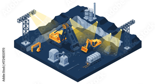 Isometric mining operation scene with excavators and equipment in night lighting