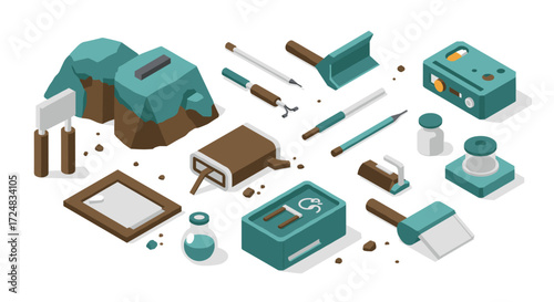 Isometric artisanal tools for sculpture and pottery design in modern studio