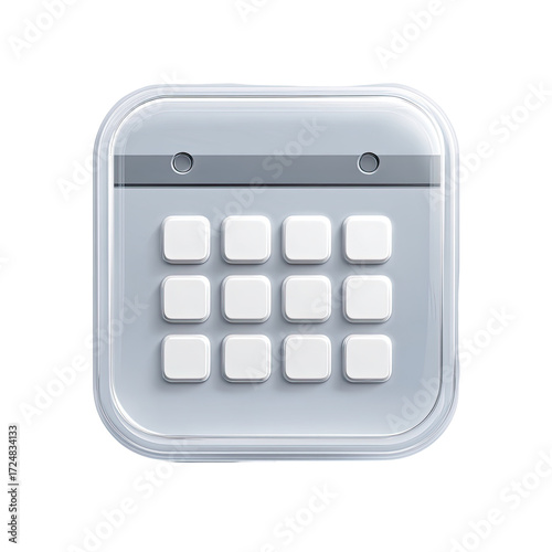 A light-grey, square, digital calendar icon with a dark-grey header and white daily squares,  displayed on a transparent background