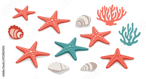 Marine life collection with starfish, coral, and seashells