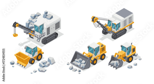 Isometric construction equipment with bulldozers, excavators, and rocks