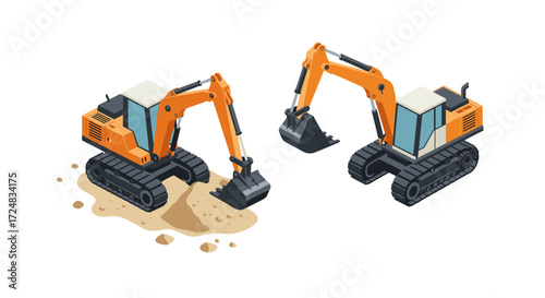 Isometric construction diggers on white background with earth movement concept