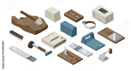 Isometric electronic and mechanical components set on white background