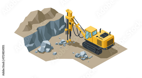 Isometric yellow excavator drilling rocks at construction site