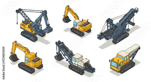 Isometric heavy construction equipment set with excavators and cranes