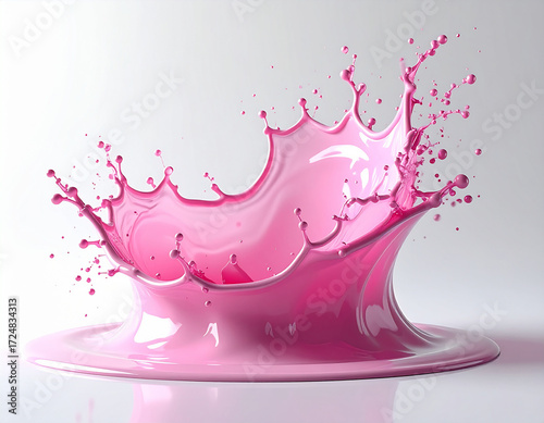 A vibrant splash of pink liquid is captured mid-air, creating a dynamic and eye-catching visual effect. The smooth, glossy texture of the liquid contrasts with the clean white backdrop.