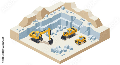 Isometric quarry scene with excavators and loader in a rocky landscape
