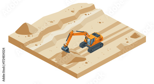 Isometric excavator digging in sandy terrain with detailed machinery and construction site elements