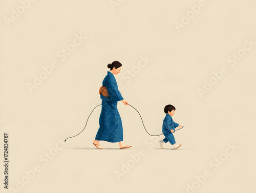 woman skipping rope with her son 