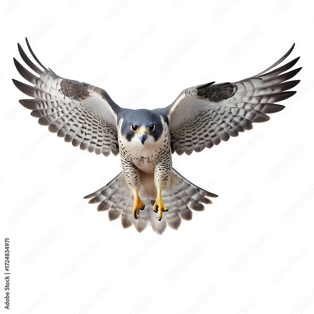 Fototapeta premium Peregrine falcon in mid-flight with wings spread and talons extended on white background