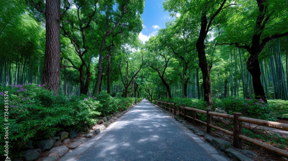 Naklejka premium Bamboo Forest Trail with Lush Greenery and Sunlight Dappled Path in Cinematic HDR Landscape