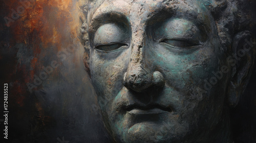 Ancient stone Buddha sculpture with serene expression, intricate details, rich textures, muted colors, soft lighting, artistic representation of peace and spirituality.