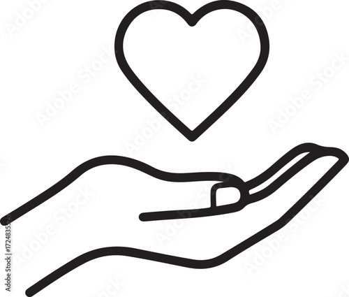 Hand holding a heart icon outline giving care