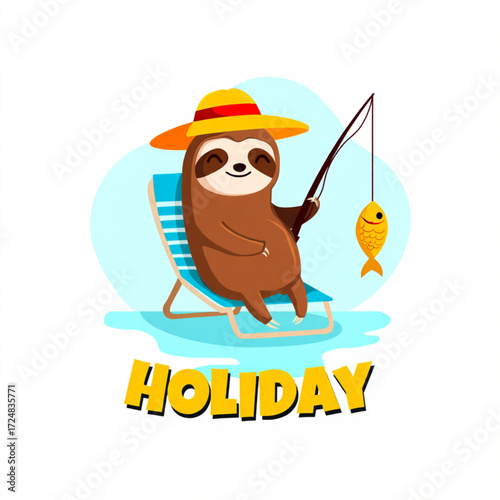 Cute sloth relaxing on a beach chair fishing on holiday