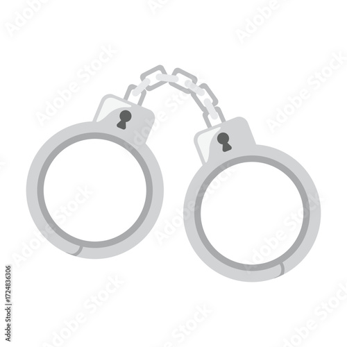 Silver handcuffs with a connecting chain on a white background