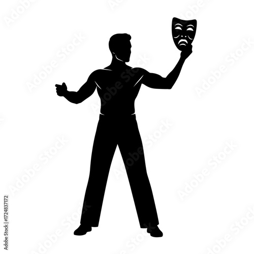 Dramatic Vector Silhouette of a Male Theatrical Actor Holding a Mask Symbolizing Performance