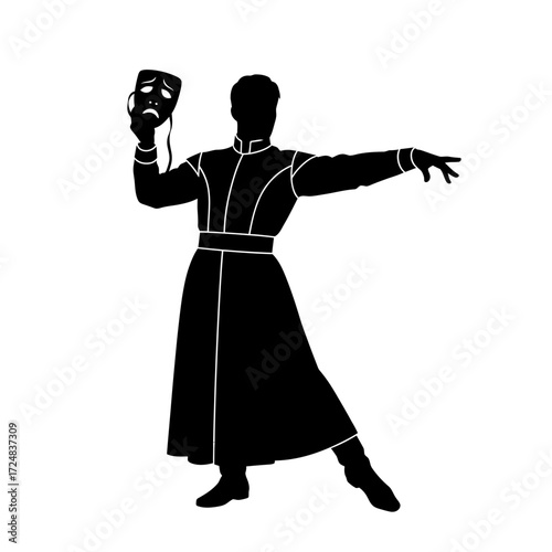 Theatrical Actor Silhouette Holding a Mask Vector Illustration Representing Stage Drama