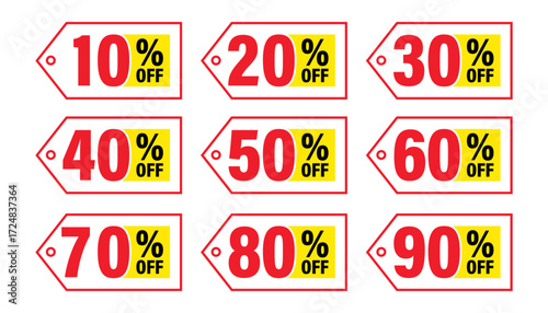 Promotion hold tag. Special offer discount on red tags shapes with different value percent off 90, 80, 70, 60, 50, 40, 30, 20, and 10%.