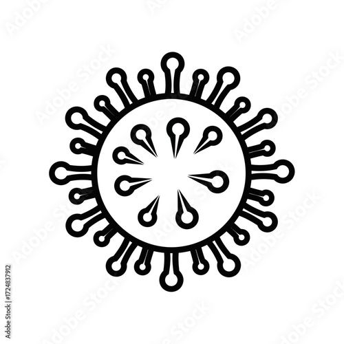 Stylized black and white line art depicting a spherical viral particle with surface spike proteins, representing microscopic pathogens and infectious biological agents