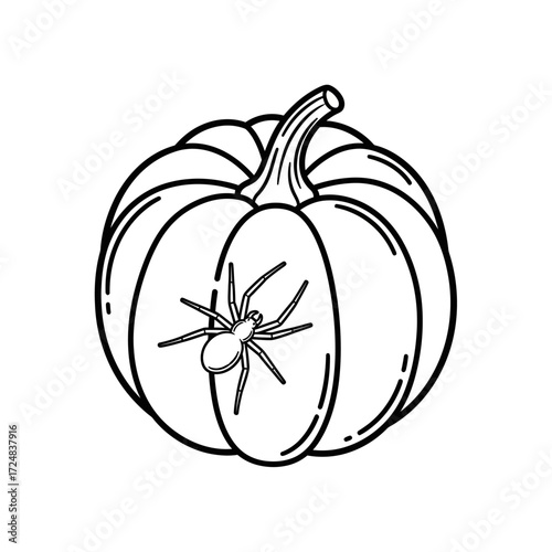 A spooky spider crawling on a ripe pumpkin, a classic Halloween symbol presented as a simple black and white line art illustration
