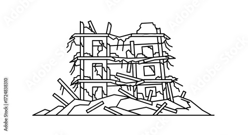 The aftermath of Destruction: A stark black-and-white illustration portrays the haunting desolation of a collapsed building, rendered with detailed precision.