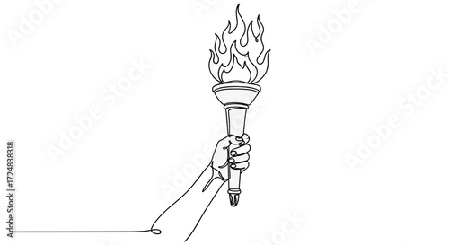 Torch of Innovation: A minimalist line drawing captures the essence of a hand firmly grasping a torch, its flames reaching upward, symbolizing knowledge and progress.