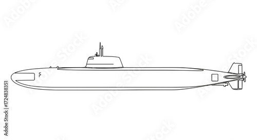 Submarine in Profile: A detailed outline of a submarine, showcasing its sleek design, robust structure, and advanced technology, emphasizing its underwater capabilities.
