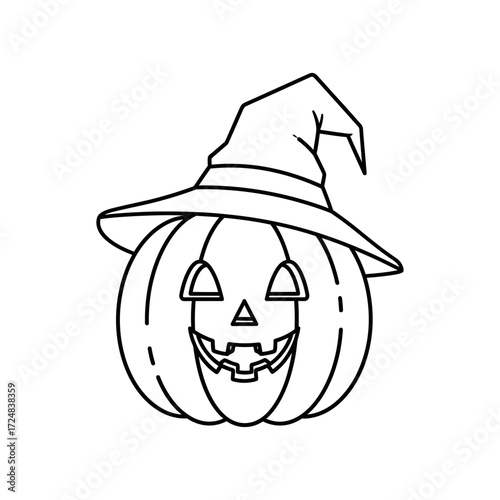 Halloween Pumpkin Face with Witch Hat Outline Illustration