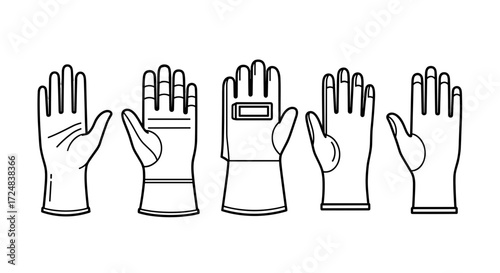 Diverse Gloves in a Row: A graphic showcases a selection of gloves, each uniquely designed for various purposes, lined up to highlight different functionalities and protection levels.